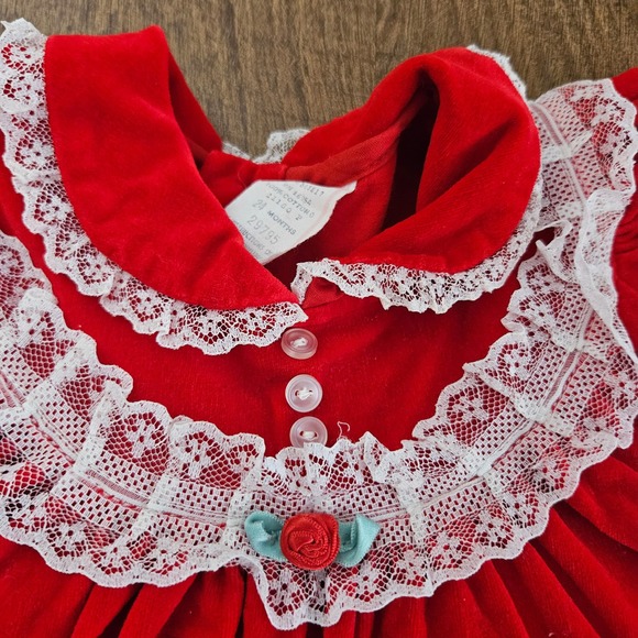 Vintage Red Velvet Baby Dress Lace Rosettes Holiday Christmas 24 Months RN 16954 - Picture 4 of 8